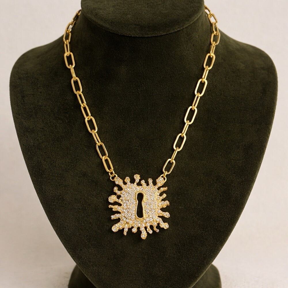 Art Deco Gold Keyhole Necklace Pearl Chain Statement VTG Sunburst CZ Sculptural
